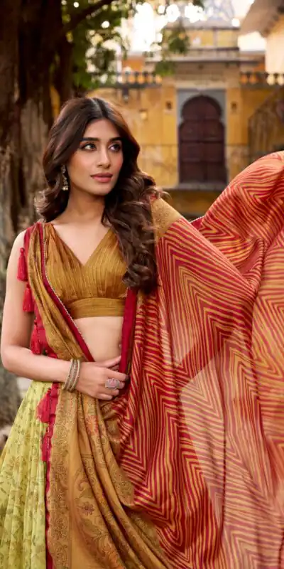 Mustered Vichitra Silk Printed Lehenga Choli | Lehenga, Bollywood Lehenga, Creative Lehenga, Designer Lehenga, Embroidered Lehenga, Party Wear Lehenga