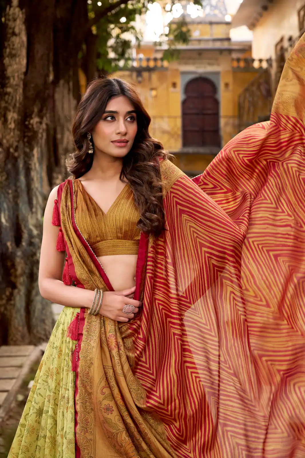 Mustered Vichitra Silk Printed Lehenga Choli | Lehenga, Bollywood Lehenga, Creative Lehenga, Designer Lehenga, Embroidered Lehenga, Party Wear Lehenga