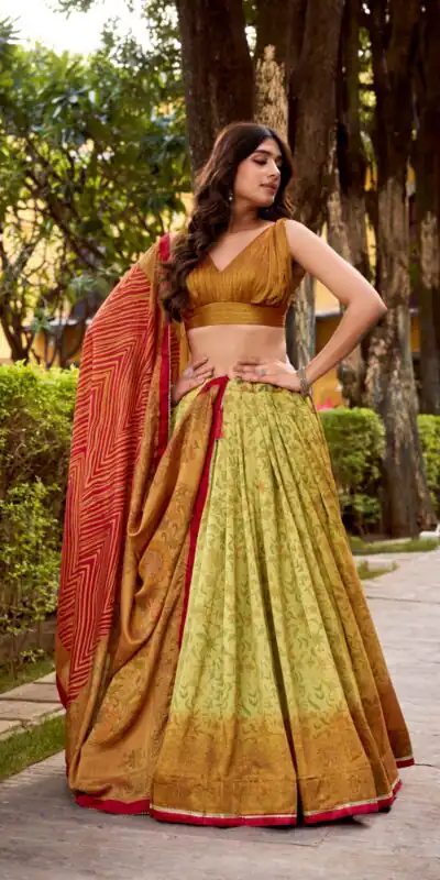 Mustered Vichitra Silk Printed Lehenga Choli | Lehenga, Bollywood Lehenga, Creative Lehenga, Designer Lehenga, Embroidered Lehenga, Party Wear Lehenga