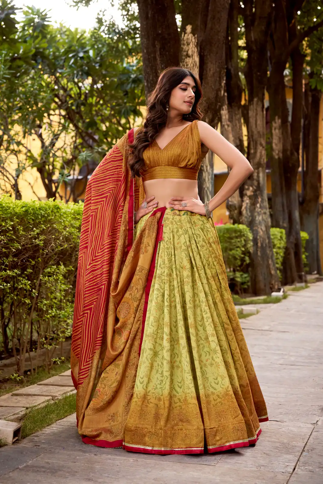 Mustered Vichitra Silk Printed Lehenga Choli | Lehenga, Bollywood Lehenga, Creative Lehenga, Designer Lehenga, Embroidered Lehenga, Party Wear Lehenga