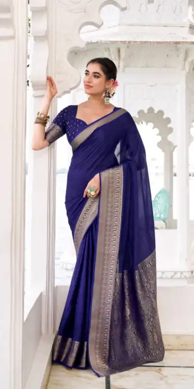 Navy Blue Chinon Zari Work Saree | Sarees, Bollywood Sarees, Creative Sarees, Designer Sarees, Embroidered Sarees, Ethnic Saree, Modern Digital sarees, Party Wear Sarees