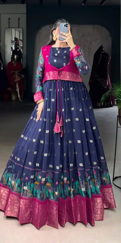 Navy Blue Cotton Kalamkari Gown | Gowns, Bollywood Gowns, Creative Gowns, Designer Gowns, Embroidered Gowns, Party Wear Gowns