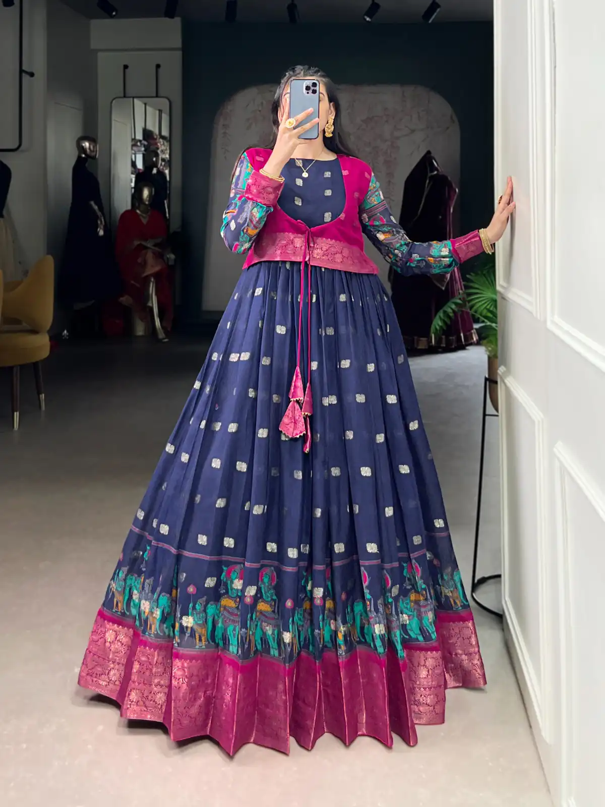 Navy Blue Cotton Kalamkari Gown | Gowns, Bollywood Gowns, Creative Gowns, Designer Gowns, Embroidered Gowns, Party Wear Gowns