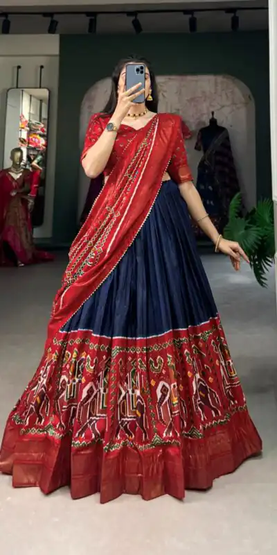 Navy Blue Dola Silk Patola Print Foil Lehenga Choli | Lehenga, Bollywood Lehenga, Creative Lehenga, Designer Lehenga, Embroidered Lehenga, Party Wear Lehenga