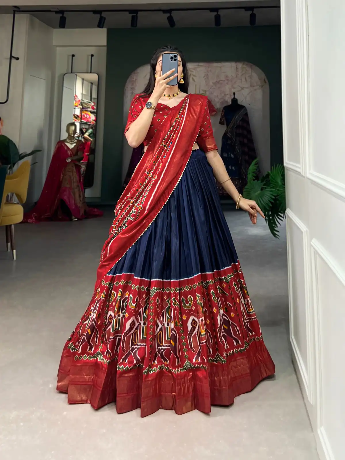 Navy Blue Dola Silk Patola Print Foil Lehenga Choli | Lehenga, Bollywood Lehenga, Creative Lehenga, Designer Lehenga, Embroidered Lehenga, Party Wear Lehenga
