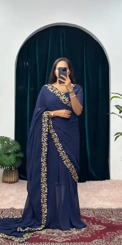 Navy Blue Faux Georgette Embroidery Work Border Stitched Saree-Gown | Gowns, Bollywood Gowns, Creative Gowns, Designer Gowns, Embroidered Gowns, Party Wear Gowns, Straight Suits