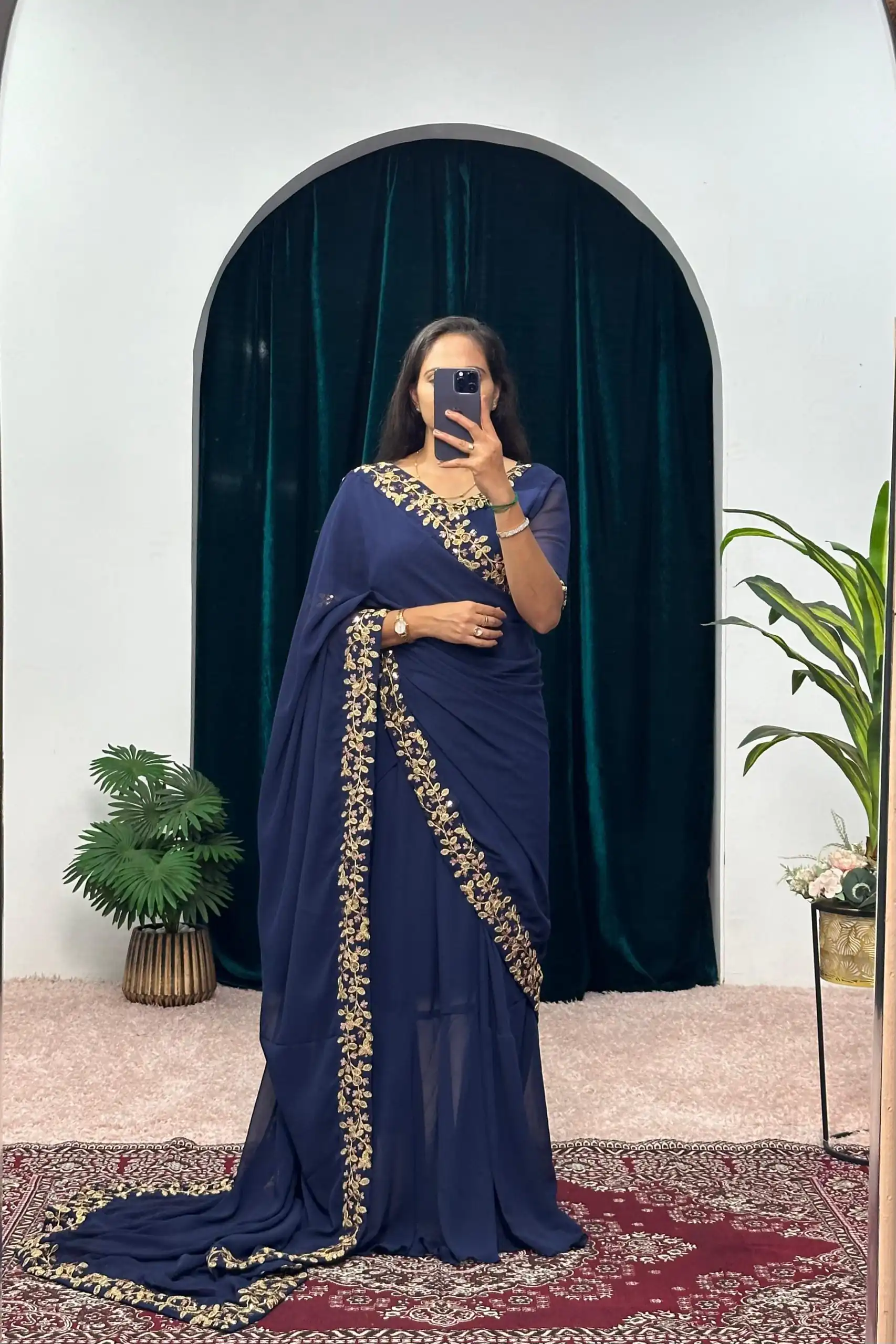 Navy Blue Faux Georgette Embroidery Work Border Stitched Saree-Gown | Gowns, Bollywood Gowns, Creative Gowns, Designer Gowns, Embroidered Gowns, Party Wear Gowns, Straight Suits