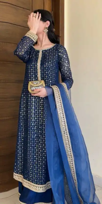 Navy Blue Foix Georgette Thread With Sequence Salwar Suit | Jump Suits, Salwar suit, Casual Suits, Creative suits, Designer Suits, Palazzo Suits, Party Wear Suits, Patiala Suits, Straight Suits