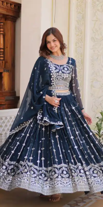 Navy Blue Fox Georgette Embroidery Work Lehenga Choli | Lehenga, Bollywood Lehenga, Creative Lehenga, Designer Lehenga, Embroidered Lehenga, Party Wear Lehenga