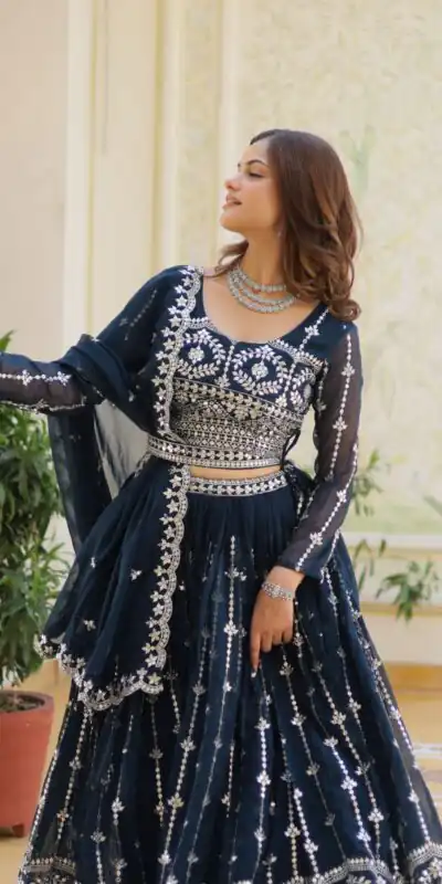 Navy Blue Fox Georgette Embroidery Work Lehenga Choli | Lehenga, Bollywood Lehenga, Creative Lehenga, Designer Lehenga, Embroidered Lehenga, Party Wear Lehenga