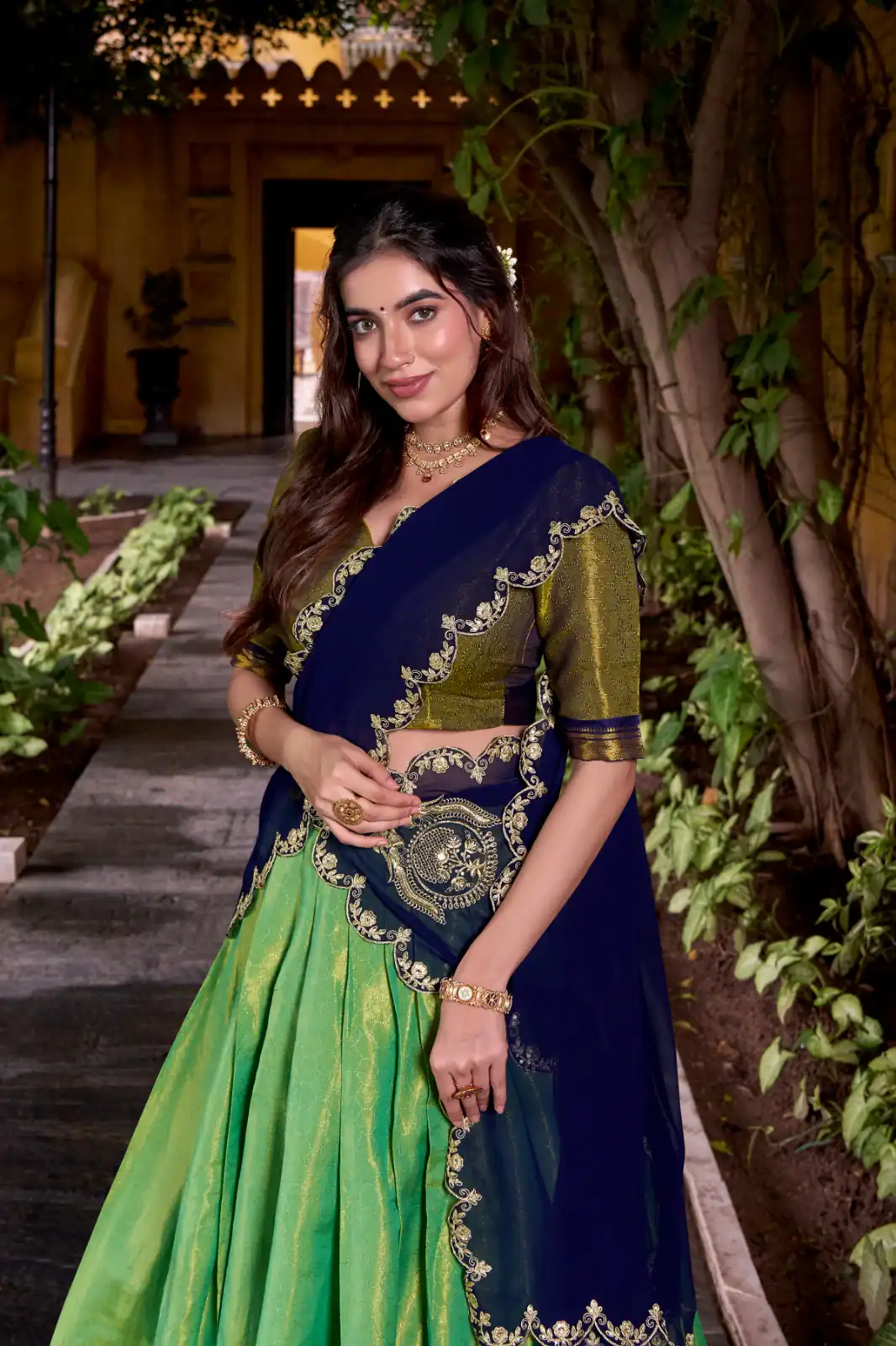 Navy Blue Kanchipuram Weaving Lehenga Choli | Lehenga, Bollywood Lehenga, Creative Lehenga, Designer Lehenga, Embroidered Lehenga, Party Wear Lehenga