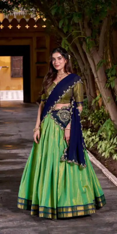 Navy Blue Kanchipuram Weaving Lehenga Choli | Lehenga, Bollywood Lehenga, Creative Lehenga, Designer Lehenga, Embroidered Lehenga, Party Wear Lehenga