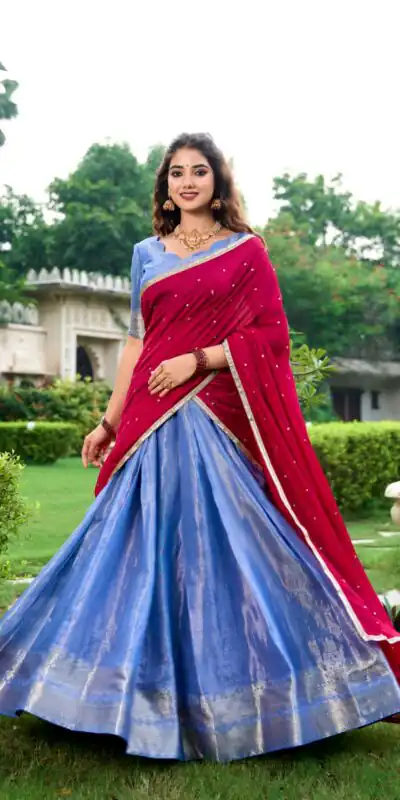 Navy Blue Kanchipuram With Zari Work Lehenga Choli | Lehenga, Bollywood Lehenga, Creative Lehenga, Designer Lehenga, Embroidered Lehenga, Party Wear Lehenga