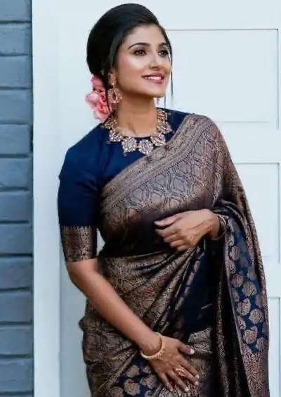 Navy Blue Lichi Silk Jacquard Lace Saree | Sarees, Bollywood Sarees, Creative Sarees, Designer Sarees, Embroidered Sarees, Ethnic Saree, Modern Digital sarees, Party Wear Sarees