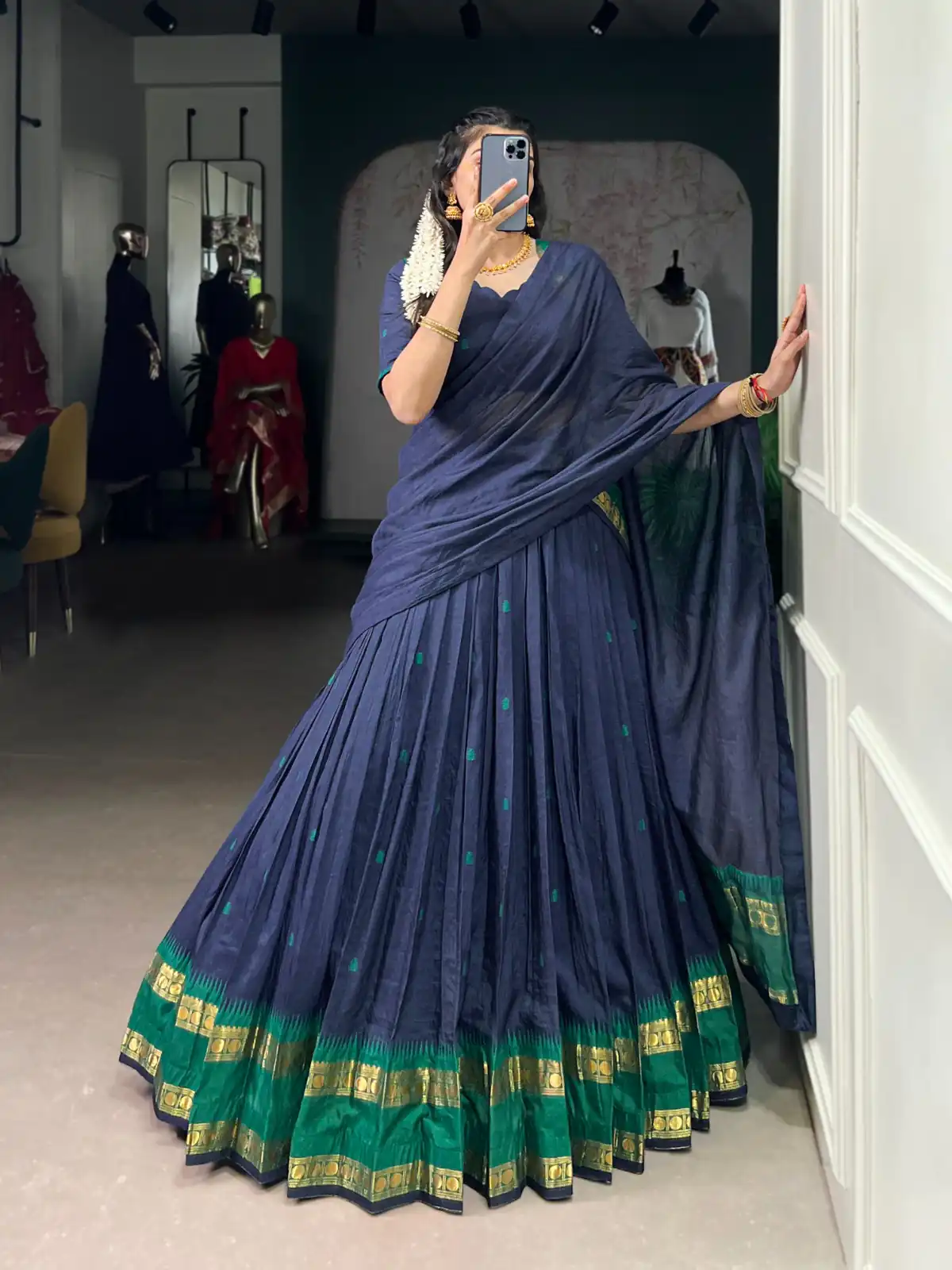 Navy Blue Pure Chanderi Zari Work Lehenga Choli | Lehenga, Bollywood Lehenga, Creative Lehenga, Designer Lehenga, Embroidered Lehenga, Party Wear Lehenga