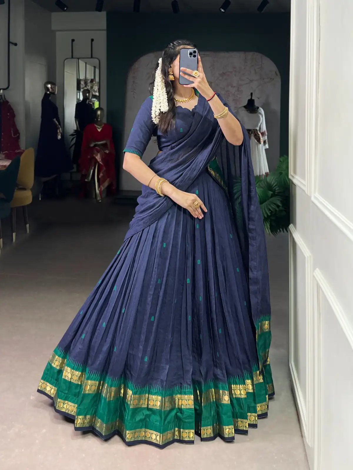 Navy Blue Pure Chanderi Zari Work Lehenga Choli | Lehenga, Bollywood Lehenga, Creative Lehenga, Designer Lehenga, Embroidered Lehenga, Party Wear Lehenga