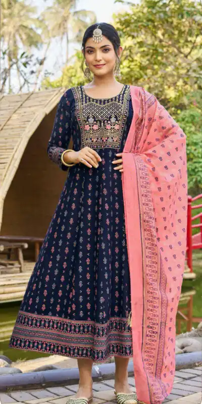 Navy Blue Rayon Embroidery Work Gown | Gowns, Bollywood Gowns, Creative Gowns, Designer Gowns, Embroidered Gowns, Party Wear Gowns