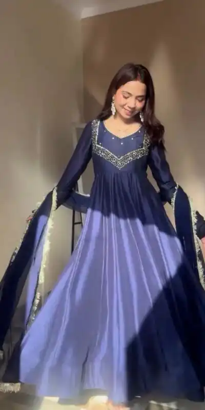 Navy Blue Star Georgette Embroidery Lace Work Gown | Gowns, Bollywood Gowns, Creative Gowns, Designer Gowns, Embroidered Gowns, Party Wear Gowns