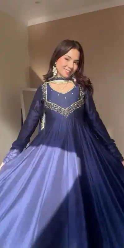 Navy Blue Star Georgette Embroidery Lace Work Gown | Gowns, Bollywood Gowns, Creative Gowns, Designer Gowns, Embroidered Gowns, Party Wear Gowns