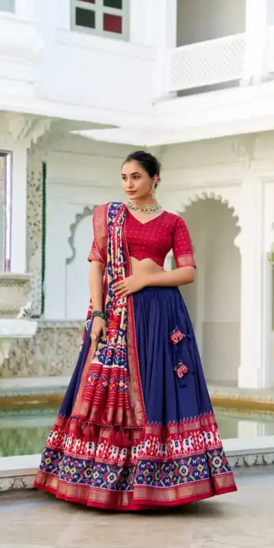 Navy Blue Tasar Silk Patola Print Gotta Patti Lehenga Choli | Lehenga, Bollywood Lehenga, Creative Lehenga, Designer Lehenga, Embroidered Lehenga, Party Wear Lehenga