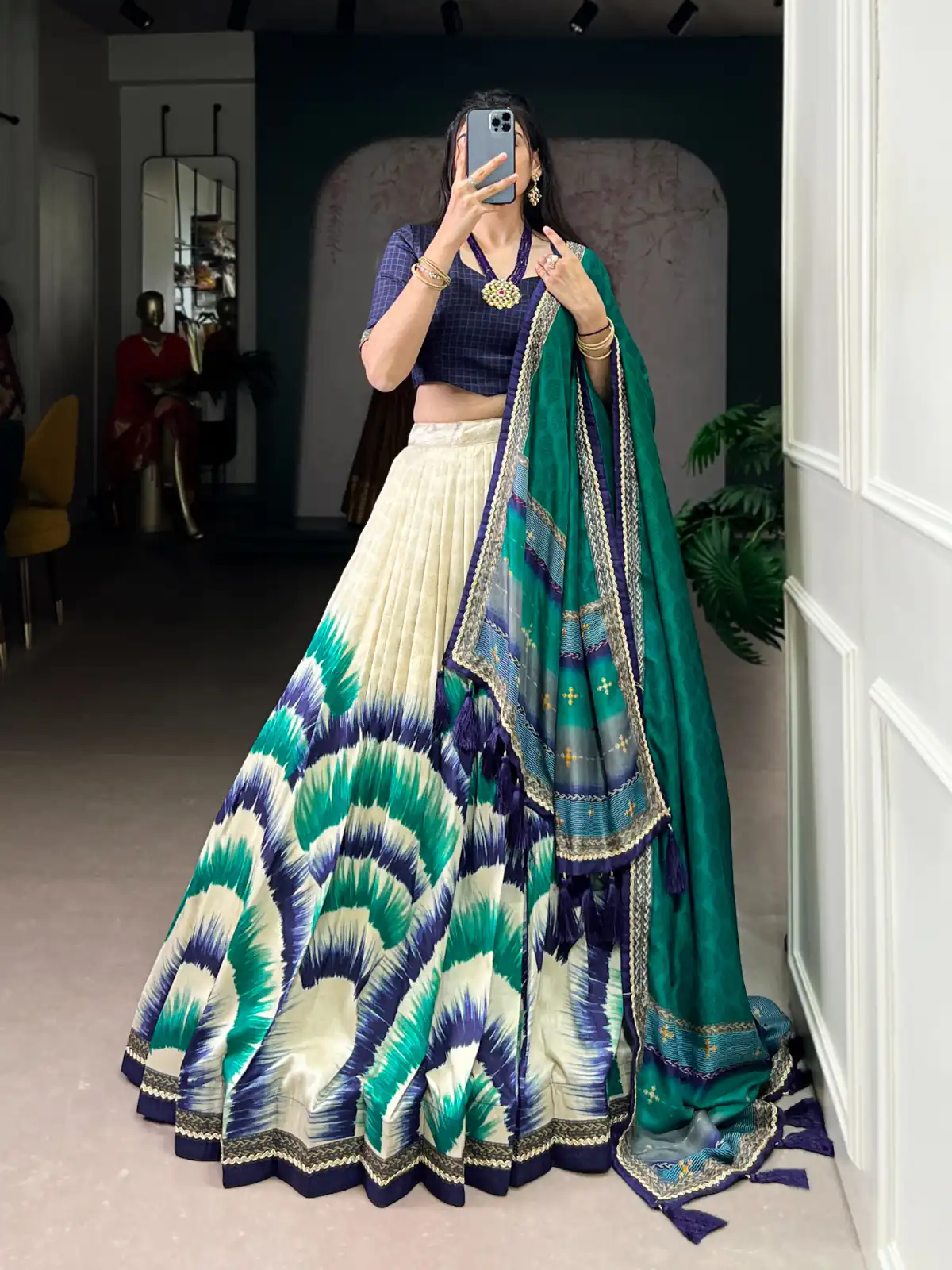 Navy Blue Taser Silk Printed Lehenga Choli | Lehenga, Bollywood Lehenga, Creative Lehenga, Designer Lehenga, Embroidered Lehenga, Party Wear Lehenga