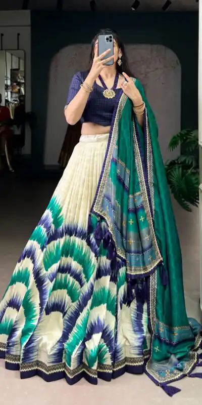 Navy Blue Taser Silk Printed Lehenga Choli | Lehenga, Bollywood Lehenga, Creative Lehenga, Designer Lehenga, Embroidered Lehenga, Party Wear Lehenga