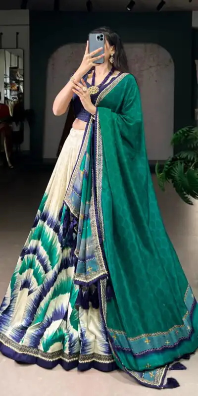Navy Blue Taser Silk Printed Lehenga Choli | Lehenga, Bollywood Lehenga, Creative Lehenga, Designer Lehenga, Embroidered Lehenga, Party Wear Lehenga