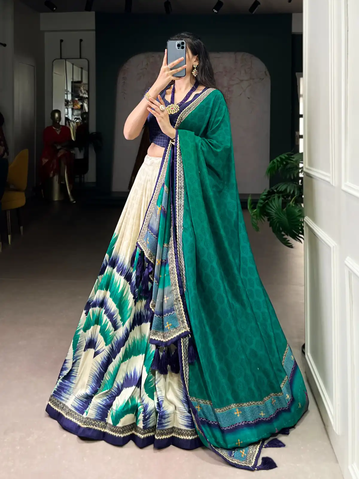 Navy Blue Taser Silk Printed Lehenga Choli | Lehenga, Bollywood Lehenga, Creative Lehenga, Designer Lehenga, Embroidered Lehenga, Party Wear Lehenga