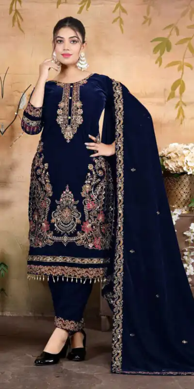 Navy Blue Velvet Embroidery Lace Work Salwar Suit | Jump Suits, Salwar suit, Casual Suits, Creative suits, Designer Suits, Palazzo Suits, Party Wear Suits, Patiala Suits, Straight Suits