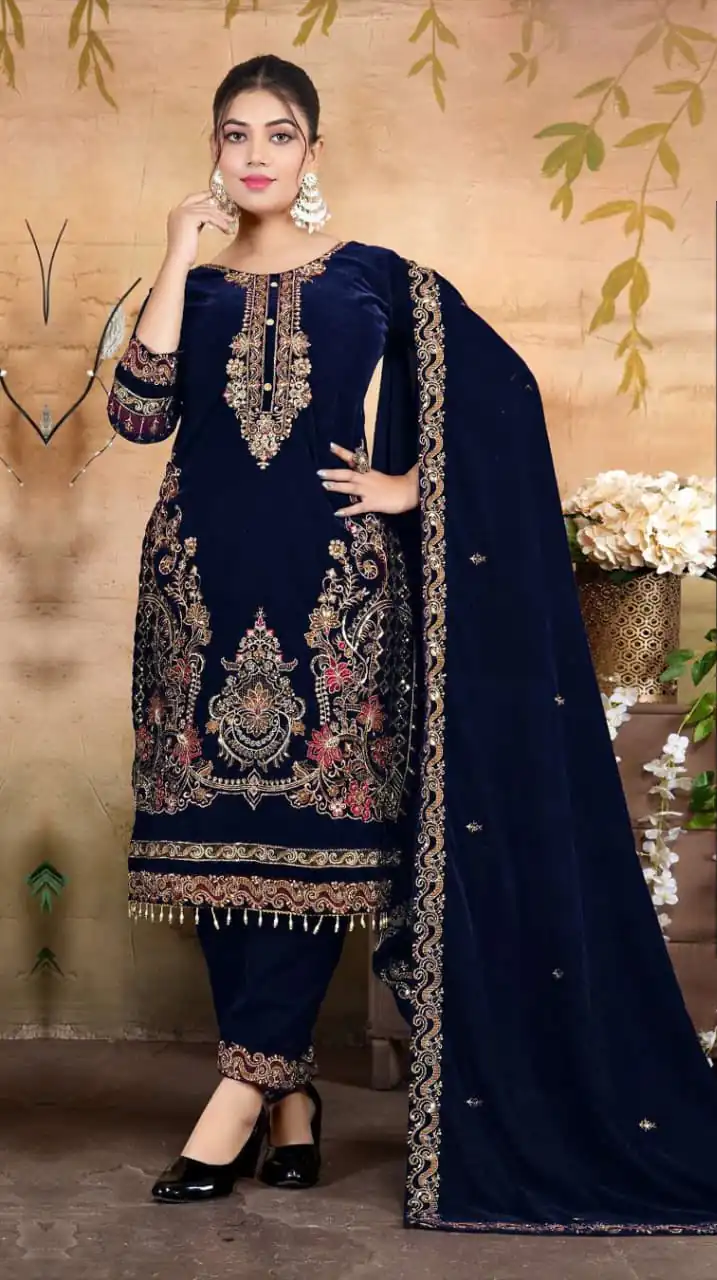 Navy Blue Velvet Embroidery Lace Work Salwar Suit | Jump Suits, Salwar suit, Casual Suits, Creative suits, Designer Suits, Palazzo Suits, Party Wear Suits, Patiala Suits, Straight Suits
