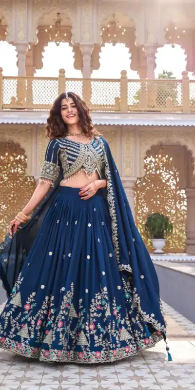 Navy Blue Vichitra Silk Thread Embroider Work Lehenga Choli | Lehenga, Bollywood Lehenga, Creative Lehenga, Designer Lehenga, Embroidered Lehenga, Party Wear Lehenga