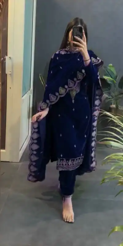 Navy Blue Viscose Velvet Embroidery Work Salwar Suit | Jump Suits, Tops & Bottoms, Track Suits, Salwar suit, Casual Suits, Creative suits, Designer Suits, Palazzo Suits, Party Wear Suits, Patiala Suits, Straight Suits, Trendy Wear