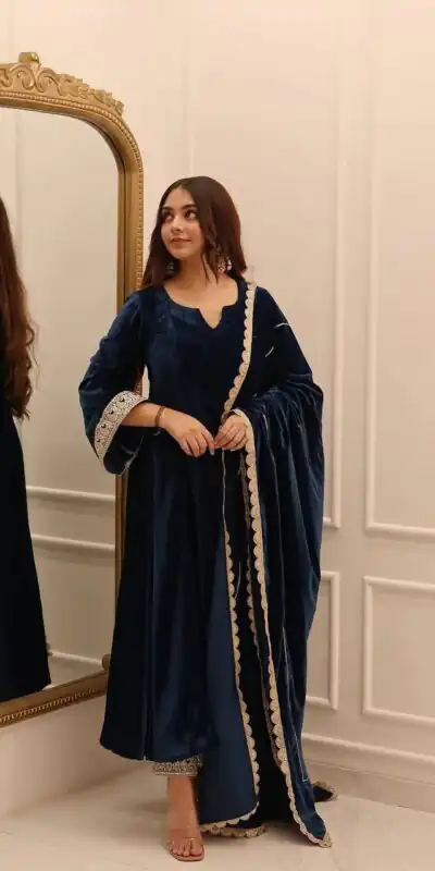 Navy Blue Viscous Velvet Embroidery Work Gown | Gowns, Bollywood Gowns, Creative Gowns, Designer Gowns, Embroidered Gowns, Party Wear Gowns