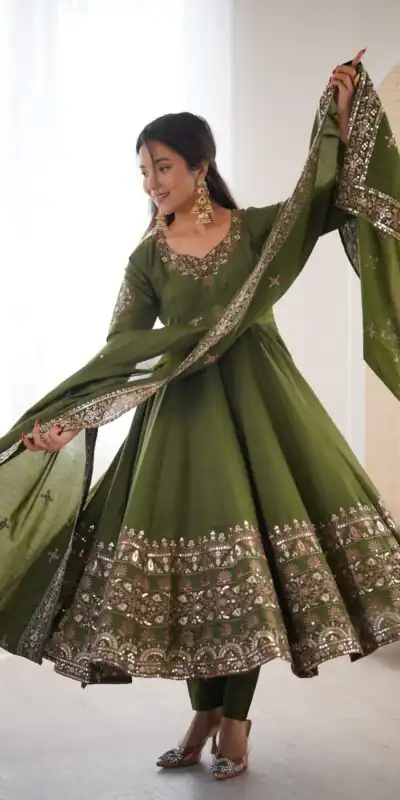 Nice Mehendi Roman Silk Embroidery Work Gown | Gowns, Bollywood Gowns, Creative Gowns, Designer Gowns, Embroidered Gowns, Party Wear Gowns