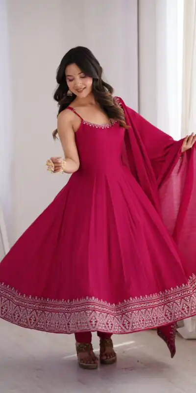 KB 305 Pink Roman Silk Chanderi Anarkali Suit with Thread Embroidery & Embroidery Work. Special Price ₹2149. Delivery 4-6 Working Days. Shop now. | Anarkali Suits, Bollywood Anarkali, Creative-Anarkali, Designer Anarkali, Embroidered Anarkali, Party Wear Anarkali