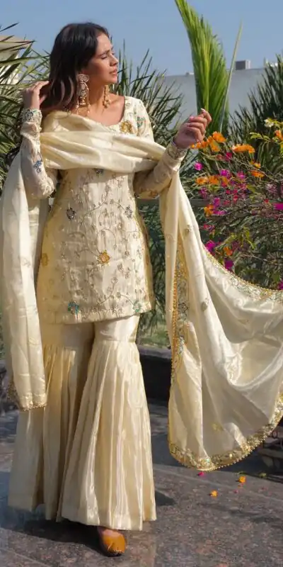 Off White Chinnon Embroidery Work Salwar Suit | Jump Suits, Salwar suit, Casual Suits, Creative suits, Designer Suits, Palazzo Suits, Party Wear Suits, Patiala Suits, Straight Suits