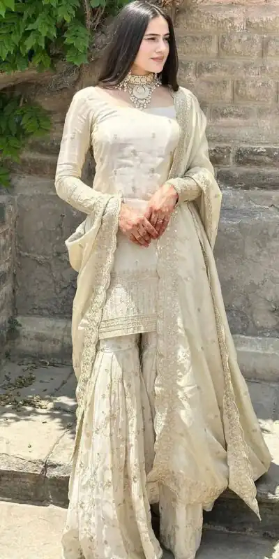Off White Chinnon Silk With Embroider Salwar Suit | Jump Suits, Tops & Bottoms, Track Suits, Salwar suit, Casual Suits, Creative suits, Designer Suits, Palazzo Suits, Party Wear Suits, Patiala Suits, Straight Suits, Trendy Wear
