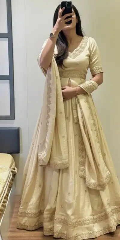 Off White Chinon Silk Thread Work Lehenga Choli | Lehenga, Bollywood Lehenga, Creative Lehenga, Designer Lehenga, Embroidered Lehenga, Party Wear Lehenga