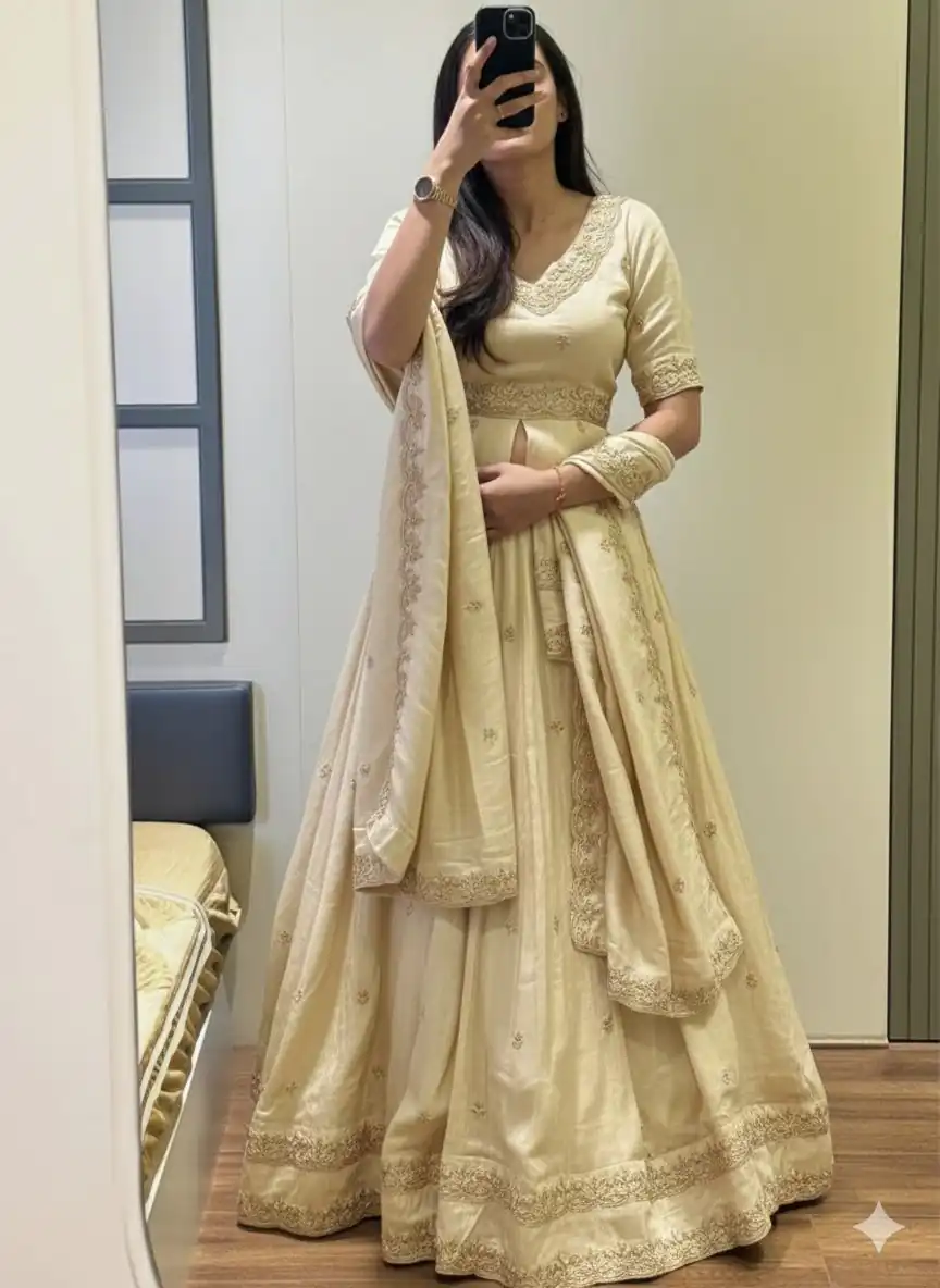 Off White Chinon Silk Thread Work Lehenga Choli | Lehenga, Bollywood Lehenga, Creative Lehenga, Designer Lehenga, Embroidered Lehenga, Party Wear Lehenga