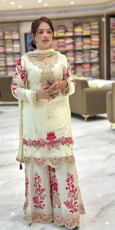 Off White Chinon Silk With Lace Work Salwar Suit | Jump Suits, Salwar suit, Casual Suits, Creative suits, Designer Suits, Palazzo Suits, Party Wear Suits, Patiala Suits, Straight Suits