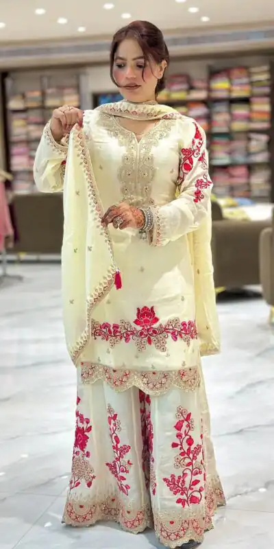 Off White Chinon Silk With Lace Work Salwar Suit | Jump Suits, Salwar suit, Casual Suits, Creative suits, Designer Suits, Palazzo Suits, Party Wear Suits, Patiala Suits, Straight Suits
