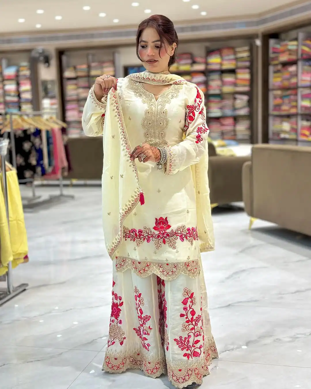 Off White Chinon Silk With Lace Work Salwar Suit | Jump Suits, Salwar suit, Casual Suits, Creative suits, Designer Suits, Palazzo Suits, Party Wear Suits, Patiala Suits, Straight Suits