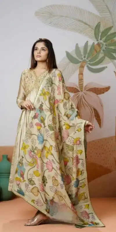 Off White Chinon With Kalamkari Print Gown | Lehenga, Bollywood Lehenga, Creative Lehenga, Designer Lehenga, Embroidered Lehenga, Party Wear Lehenga