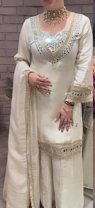 Off White Cosmos Embroidery Mirror Work Salwar Suit | Jump Suits, Salwar suit, Casual Suits, Creative suits, Designer Suits, Palazzo Suits, Party Wear Suits, Patiala Suits, Straight Suits