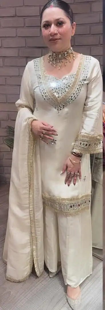 Off White Cosmos Embroidery Mirror Work Salwar Suit | Jump Suits, Salwar suit, Casual Suits, Creative suits, Designer Suits, Palazzo Suits, Party Wear Suits, Patiala Suits, Straight Suits