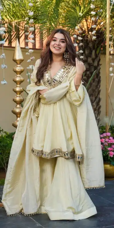 Off White Cosmos Mirror Lace Work Salwar Suit | Jump Suits, Tops & Bottoms, Track Suits, Salwar suit, Casual Suits, Creative suits, Designer Suits, Palazzo Suits, Party Wear Suits, Patiala Suits, Straight Suits, Trendy Wear