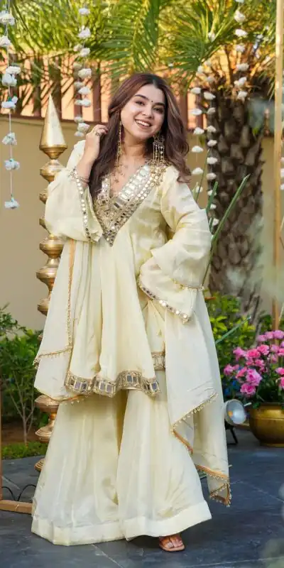 Off White Cosmos Mirror Lace Work Salwar Suit | Jump Suits, Tops & Bottoms, Track Suits, Salwar suit, Casual Suits, Creative suits, Designer Suits, Palazzo Suits, Party Wear Suits, Patiala Suits, Straight Suits, Trendy Wear