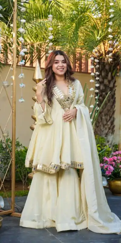 Off White Cosmos Silk Mirror Embroidery Work Salwar Suit | Jump Suits, Tops & Bottoms, Track Suits, Salwar suit, Casual Suits, Creative suits, Designer Suits, Palazzo Suits, Party Wear Suits, Patiala Suits, Straight Suits, Trendy Wear