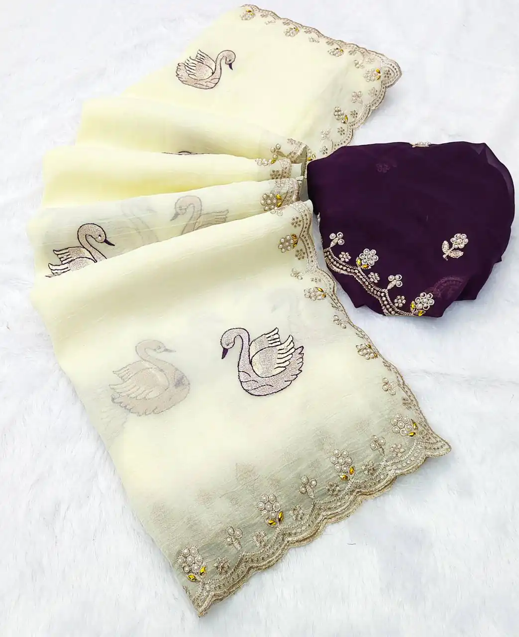 Off White Crunchy Chiffon Diamond Work Saree | Sarees, Bollywood Sarees, Creative Sarees, Designer Sarees, Embroidered Sarees, Ethnic Saree, Modern Digital sarees, Party Wear Sarees