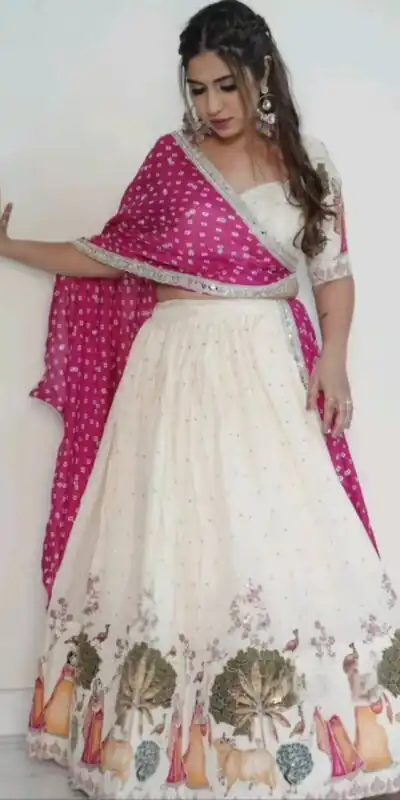 Off White Dola Silk Foil Work Lehenga Choli | Lehenga, Bollywood Lehenga, Creative Lehenga, Designer Lehenga, Embroidered Lehenga, Party Wear Lehenga